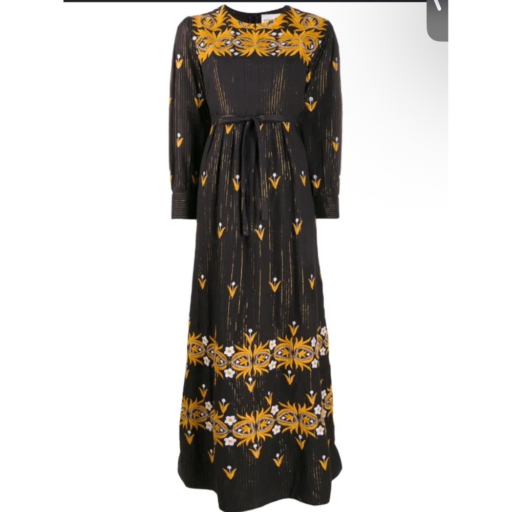 Antik Batik Indie Black Gold Stripe Maxi Celestial Embroidered Belted Dress S/38